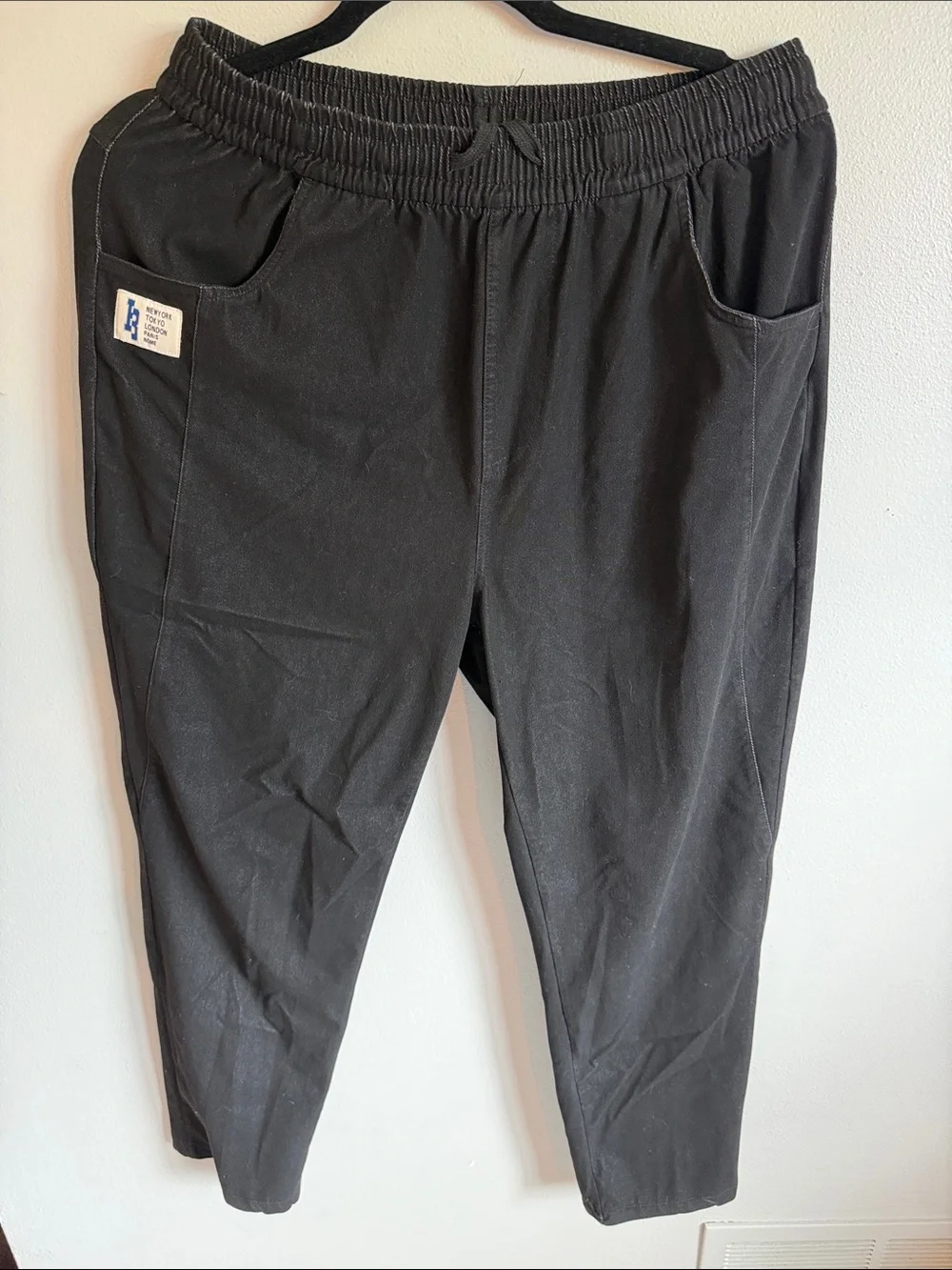 Men's Black Elastic Waist Casual Pants - Size S Washed Look